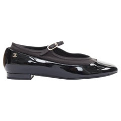 CHANEL 16P G31741 black patent leather silver CC logo mary jane flats EU38