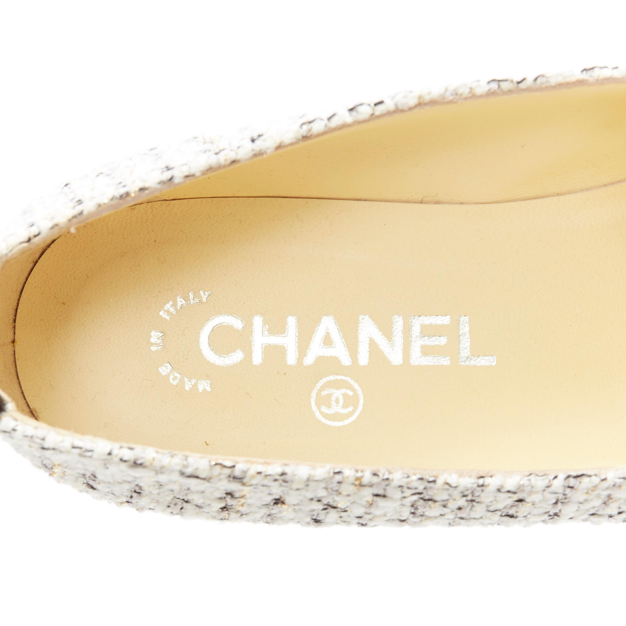 CHANEL 16P white gold speckle tweed CC chain charm toe cap ballet flats EU38.5 C 5