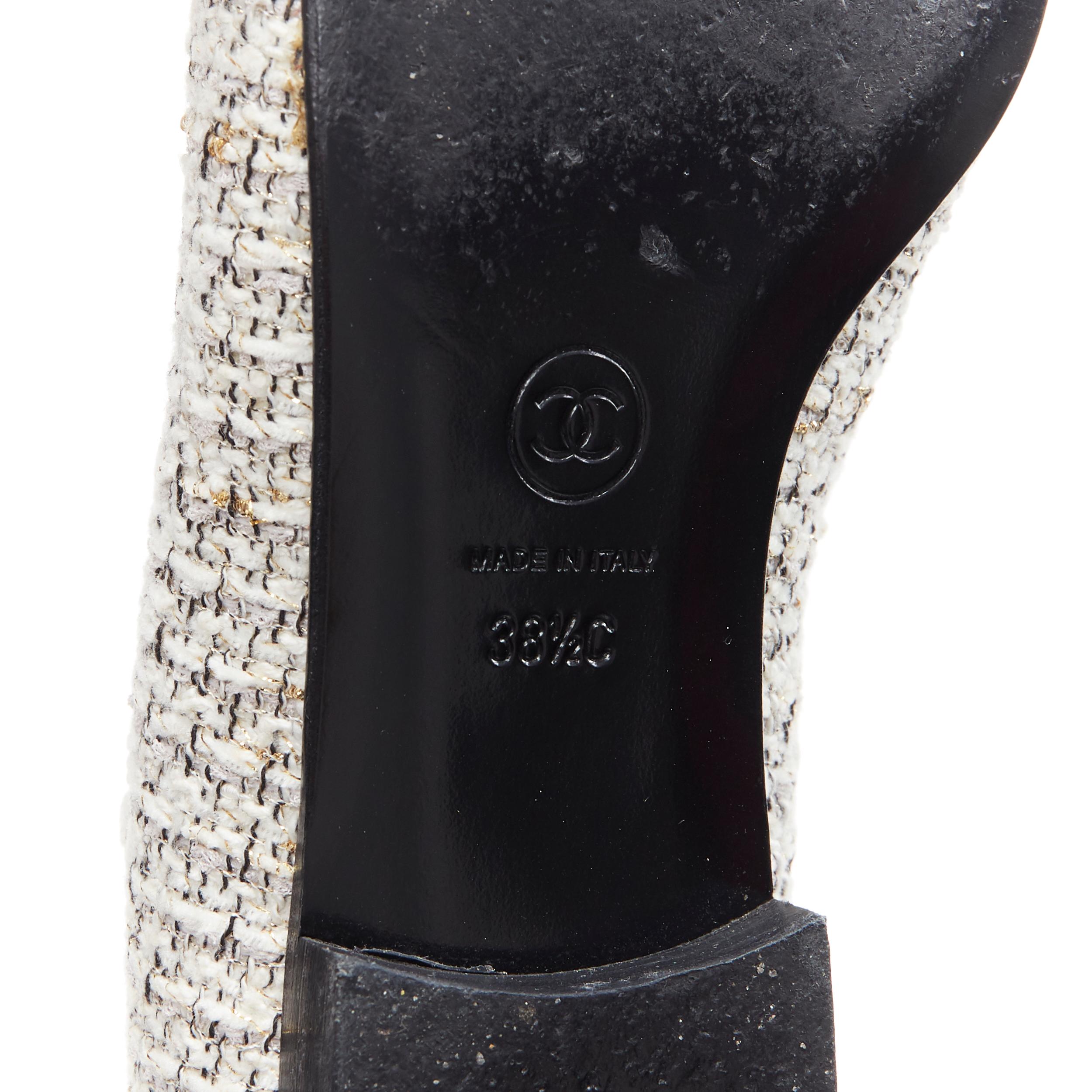 CHANEL 16P white gold speckle tweed CC chain charm toe cap ballet flats EU38.5 C 6