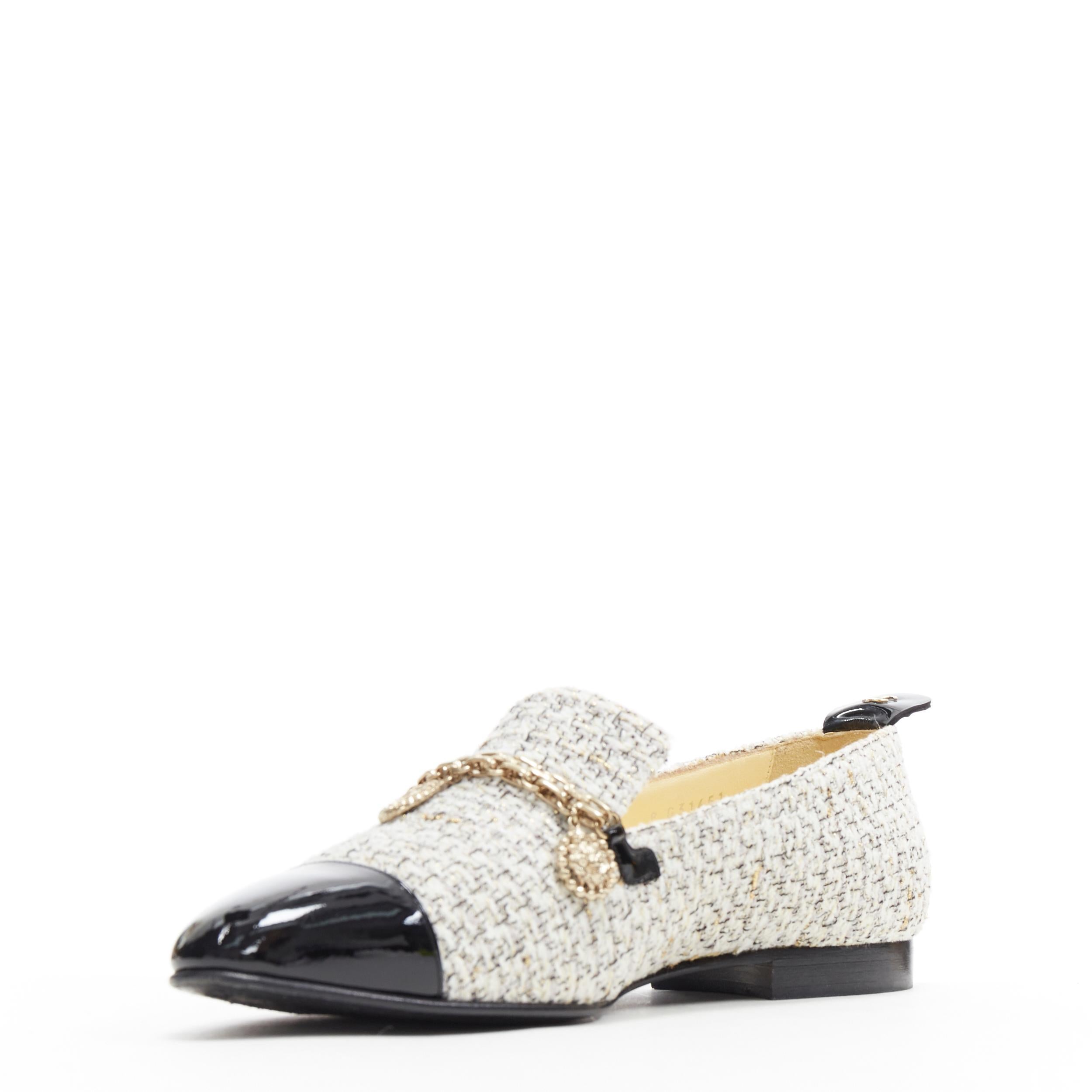 Beige CHANEL 16P white gold speckle tweed CC chain charm toe cap ballet flats EU38.5 C