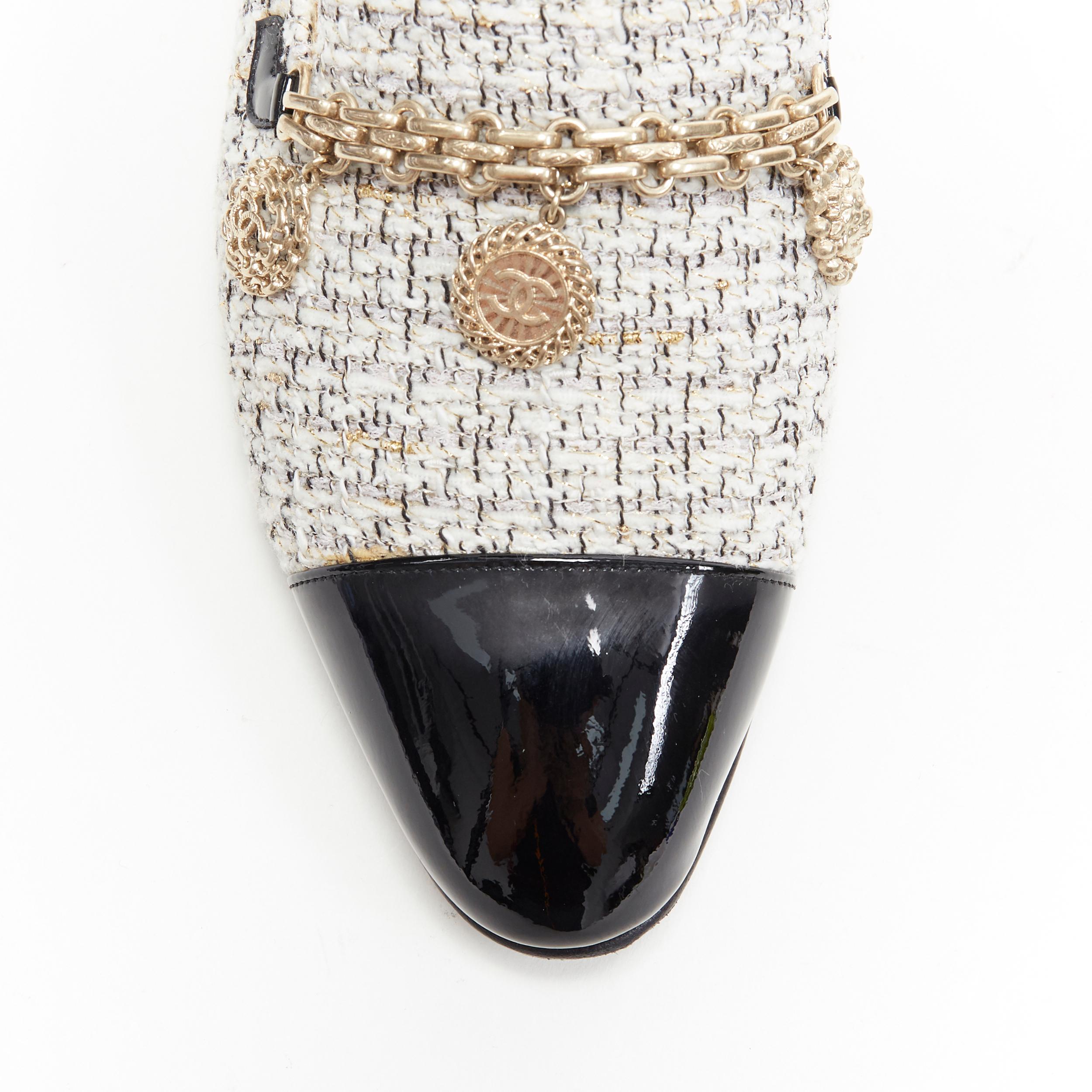 Women's CHANEL 16P white gold speckle tweed CC chain charm toe cap ballet flats EU38.5 C