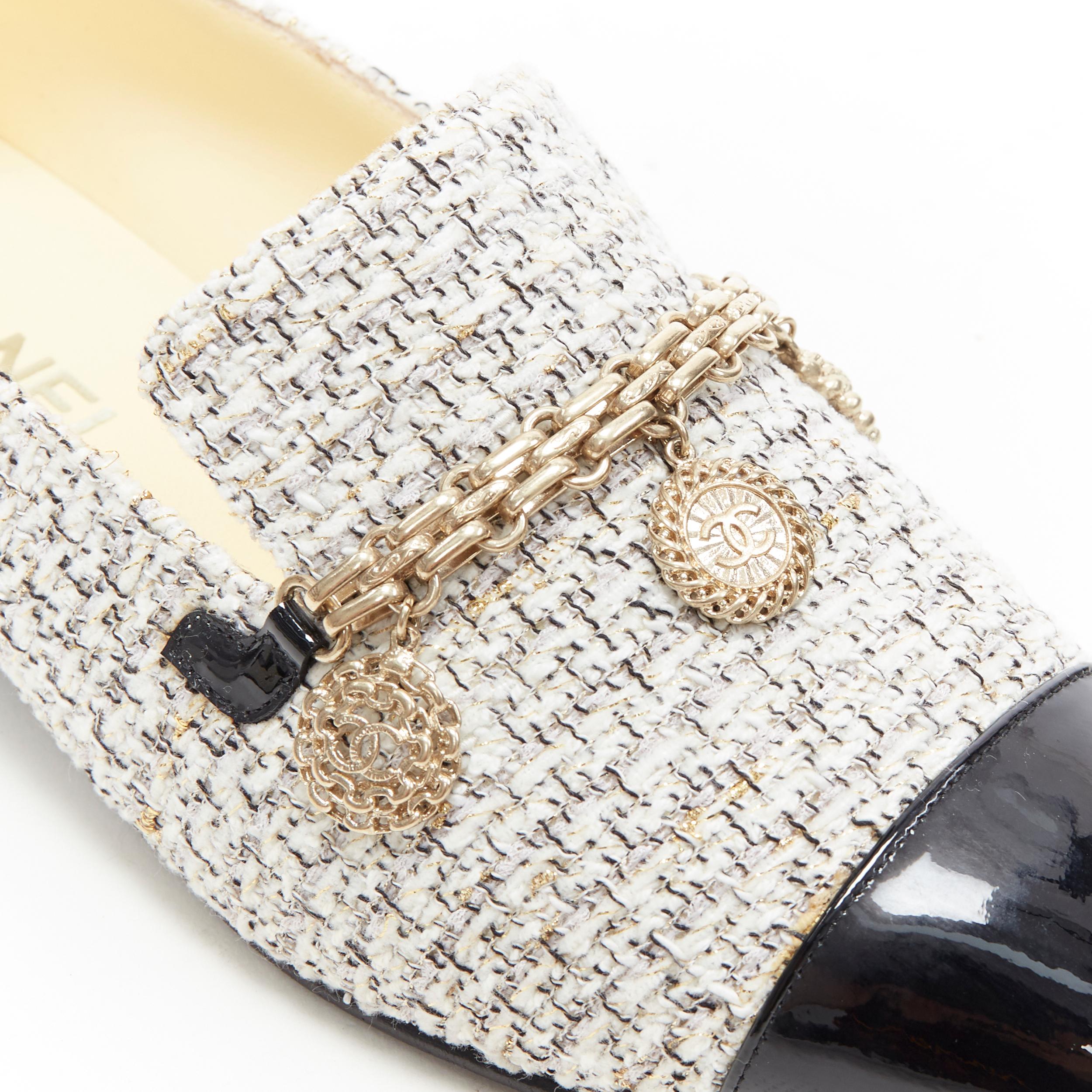 CHANEL 16P white gold speckle tweed CC chain charm toe cap ballet flats EU38.5 C 1