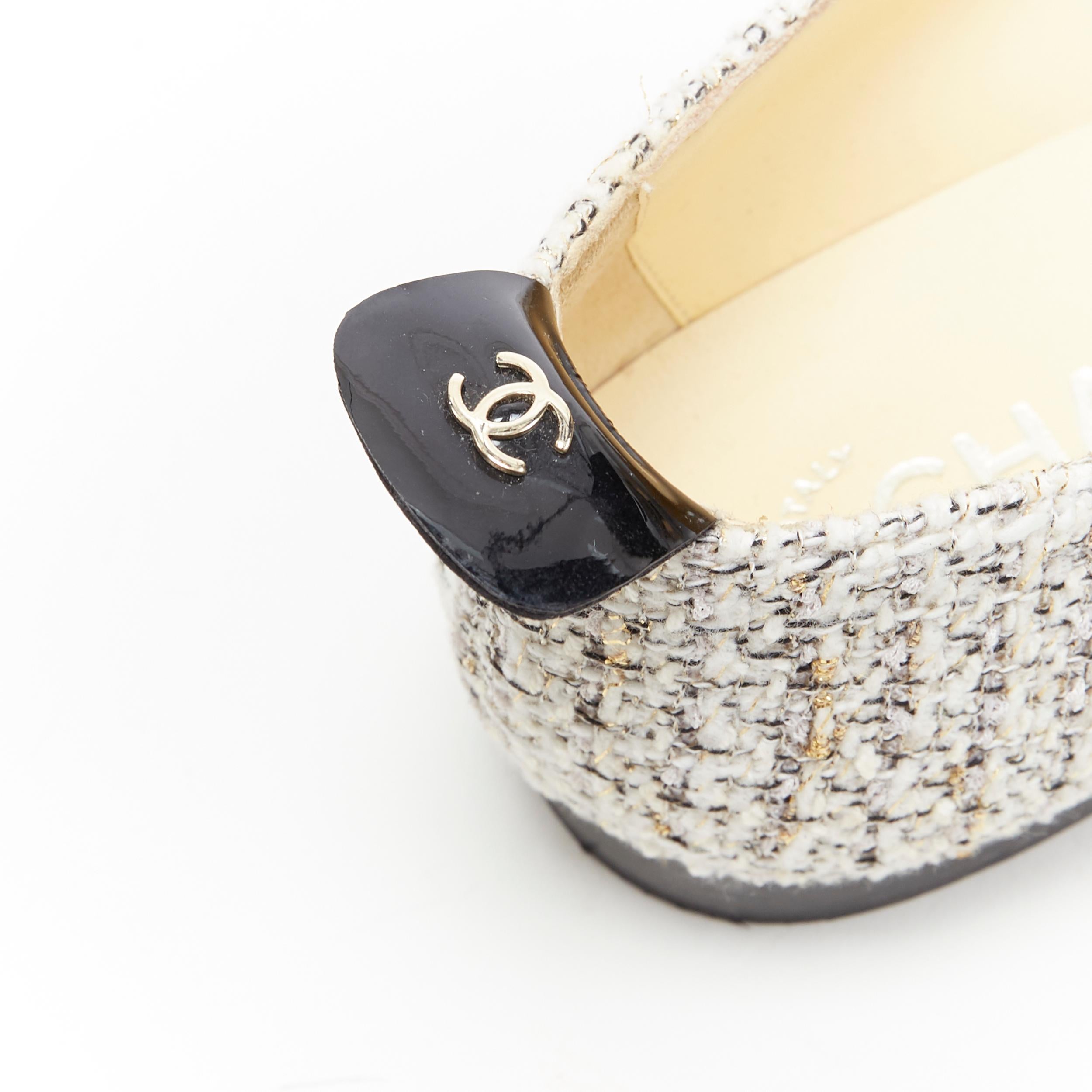 CHANEL 16P white gold speckle tweed CC chain charm toe cap ballet flats EU38.5 C 2