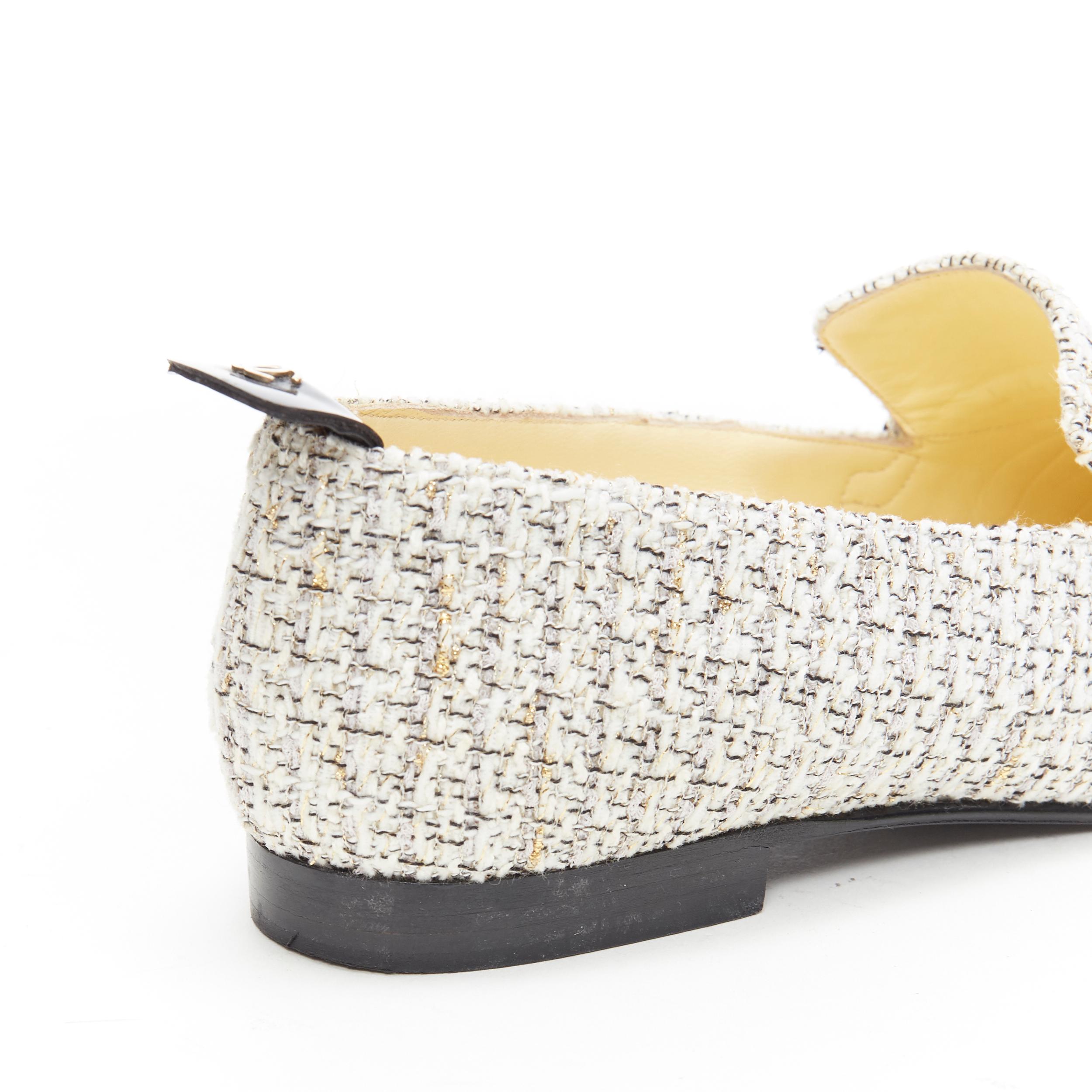 CHANEL 16P white gold speckle tweed CC chain charm toe cap ballet flats EU38.5 C 3