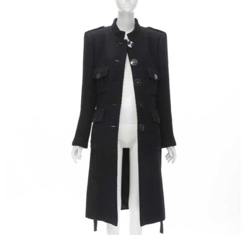 Black CHANEL 17A Paris Cosmopolite black tweed CC button 4-pocket  belted coat FR44 XL For Sale