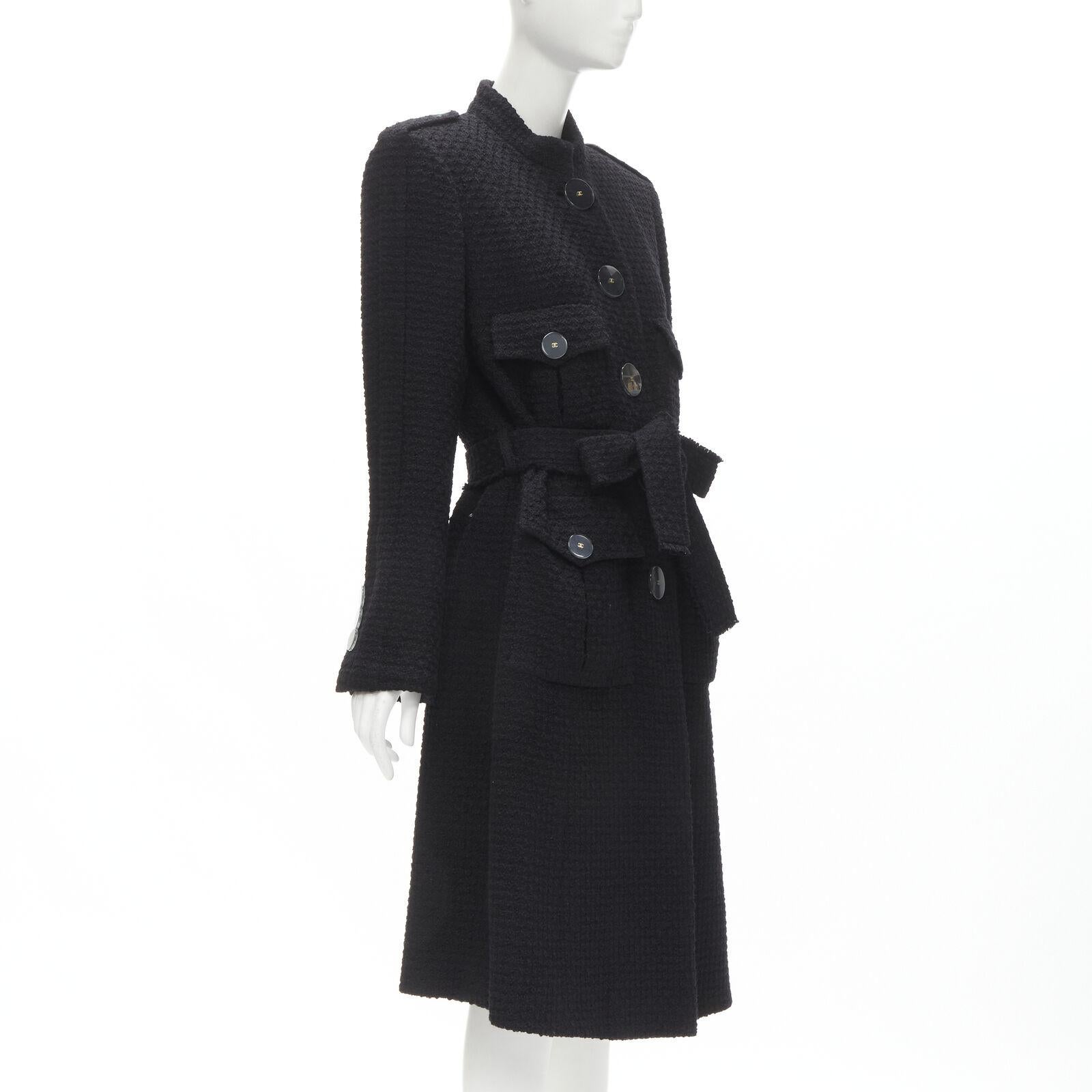 CHANEL 17A Paris Cosmopolite black tweed CC button 4-pocket  belted coat FR44 XL In New Condition For Sale In Hong Kong, NT