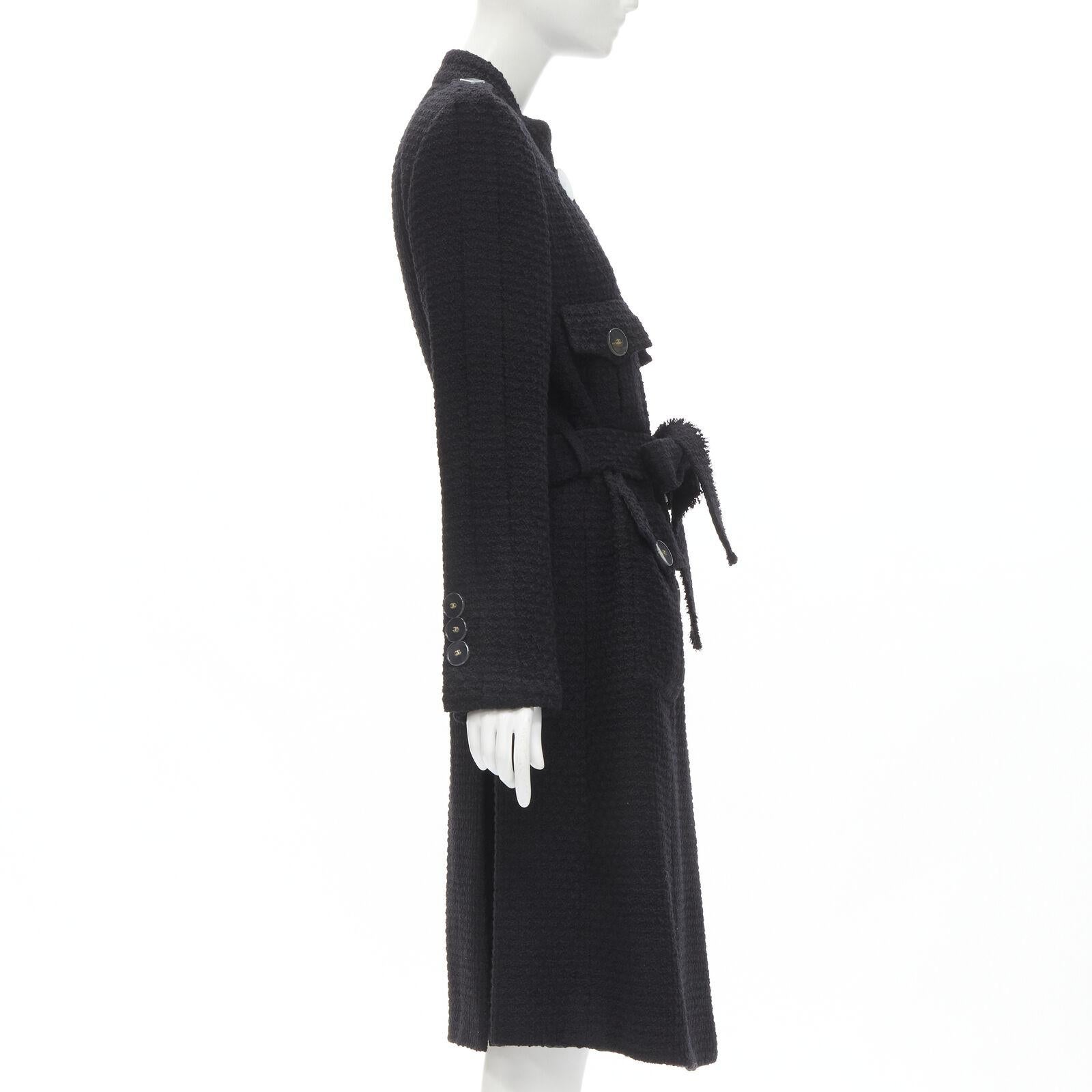 Women's CHANEL 17A Paris Cosmopolite black tweed CC button 4-pocket  belted coat FR44 XL For Sale