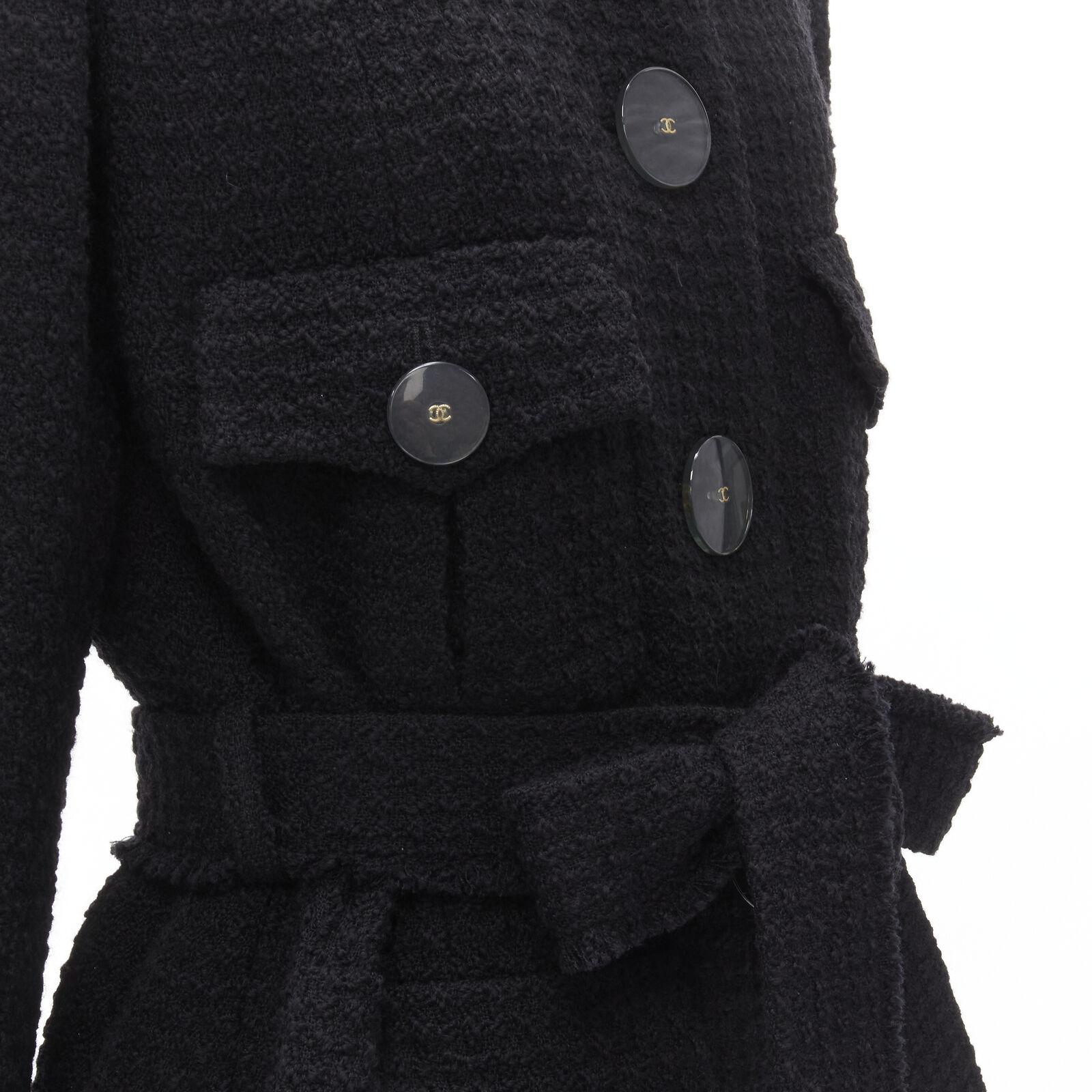 CHANEL 17A Paris Cosmopolite black tweed CC button 4-pocket  belted coat FR44 XL For Sale 3