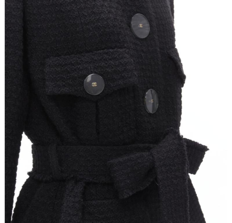 CHANEL 17A Paris Cosmopolite black tweed CC button 4-pocket  belted coat FR44 XL For Sale 3