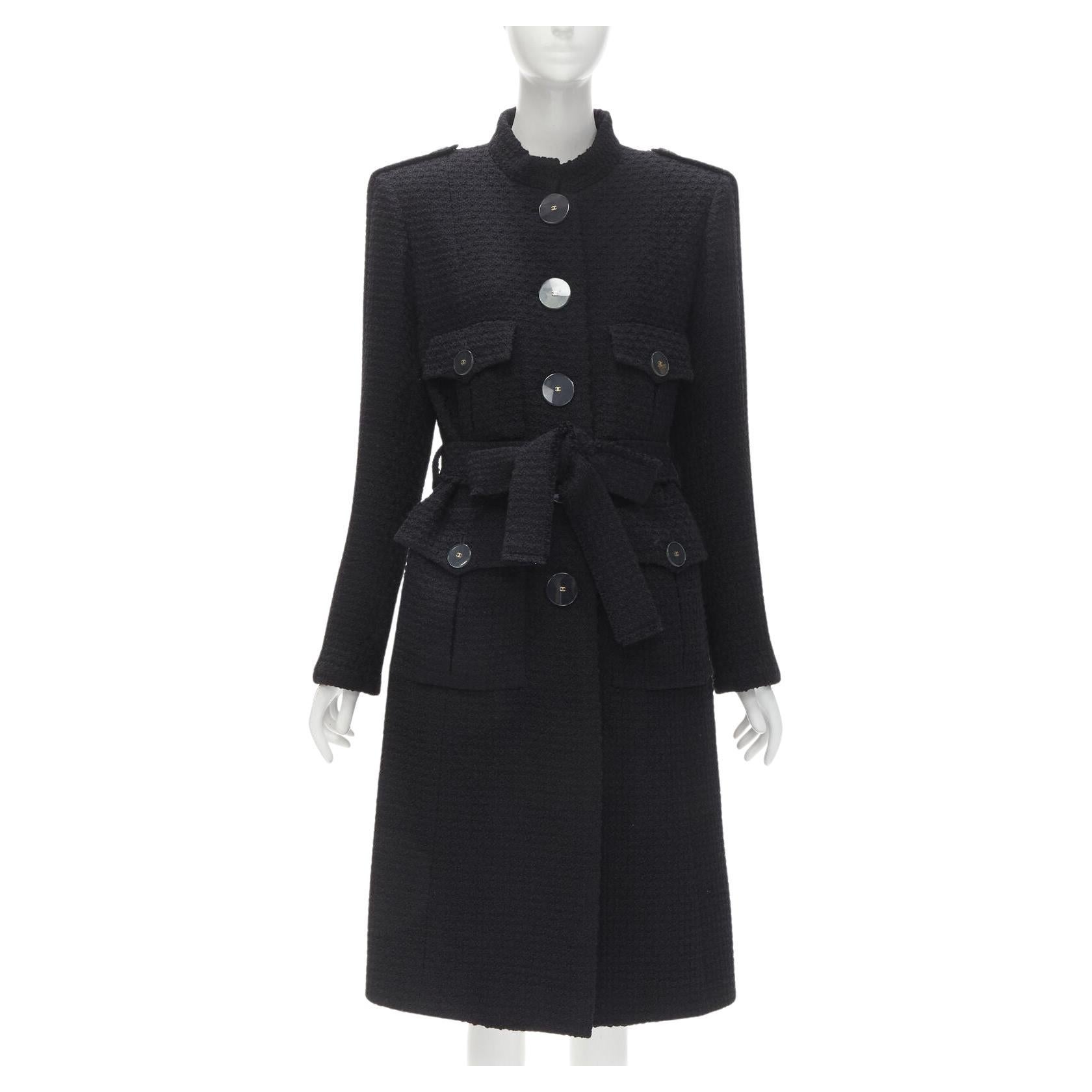 CHANEL 17A Paris Cosmopolite black tweed CC button 4-pocket  belted coat FR44 XL For Sale