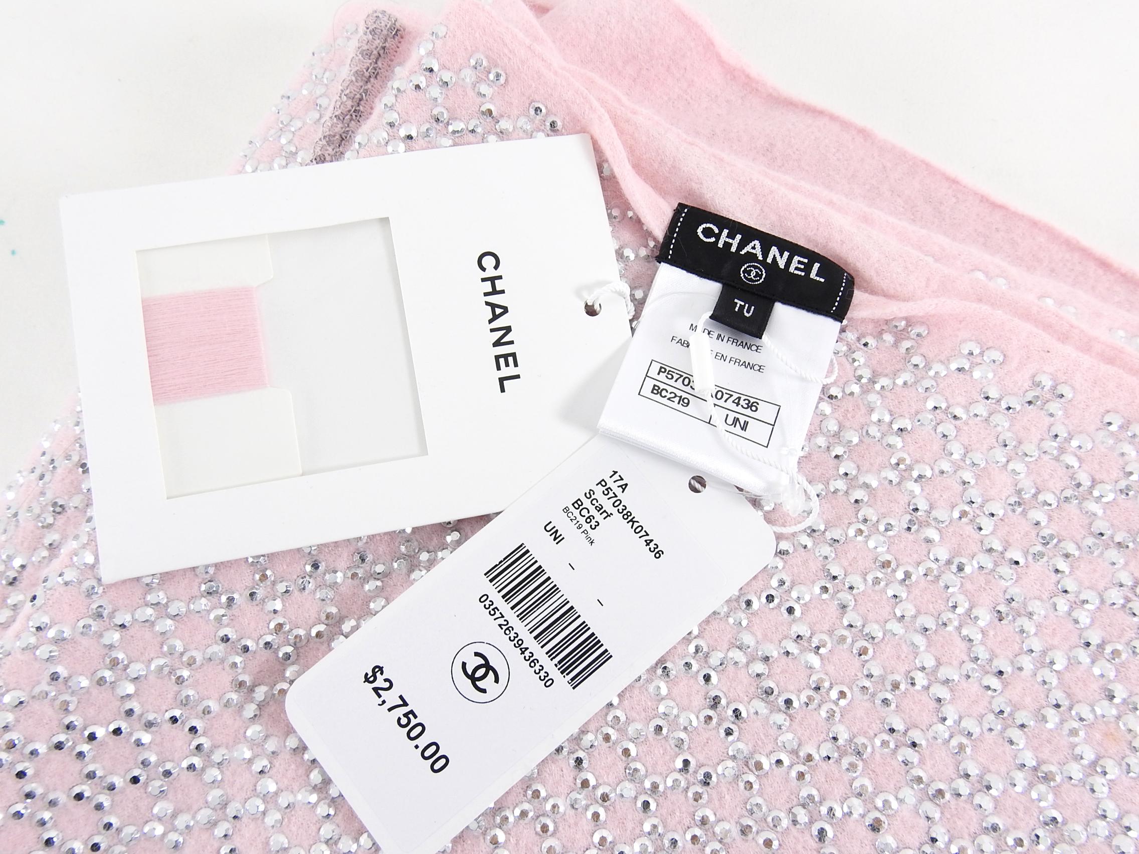 Chanel 17A Pink and Silver Strass Long Angora Scarf.  Brand new unworn with $2750 retail price tag attached.  Includes plastic bag and extra thread. Soft 70% angora and 30% silk extra long scarf measuring 98” x 8”.  