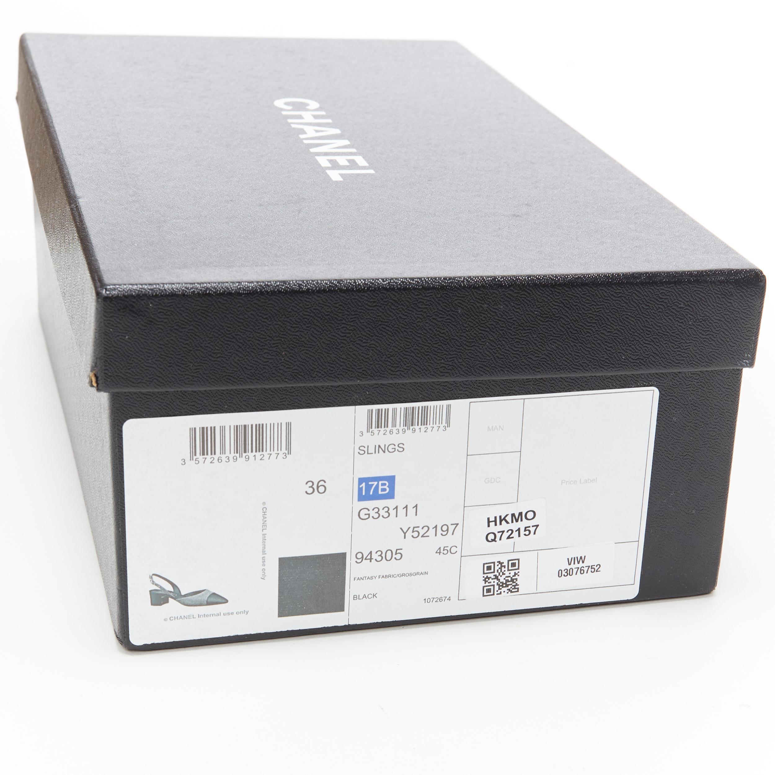 CHANEL 17B black glittery grosgrain toe cap logo chunky heel slingback pump EU36 3
