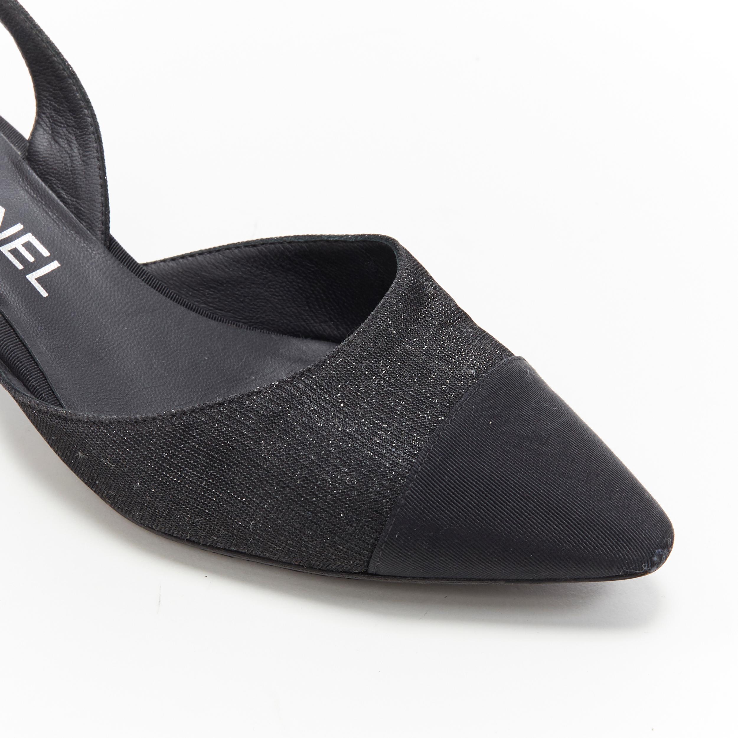 Women's CHANEL 17B black glittery grosgrain toe cap logo chunky heel slingback pump EU36