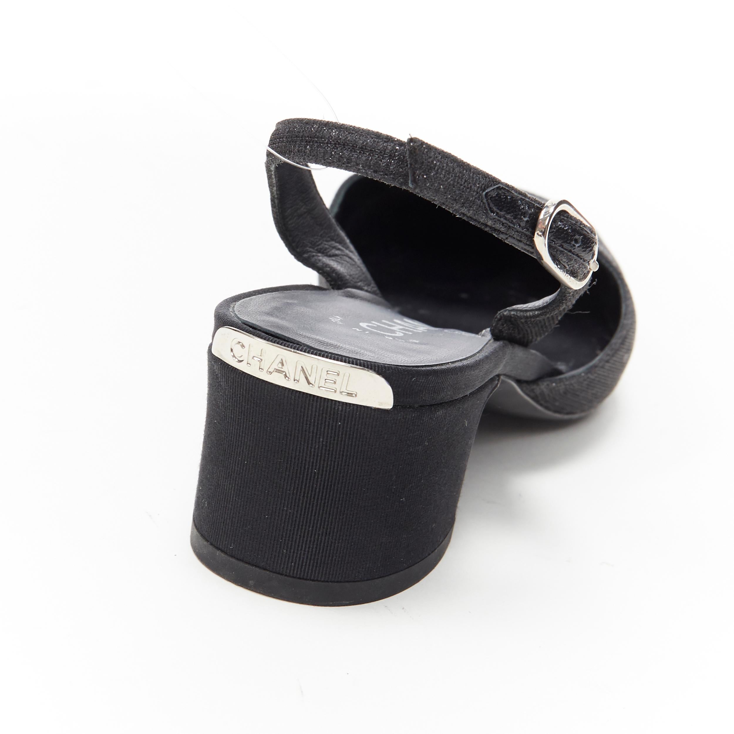 Women's CHANEL 17B black glittery grosgrain toe cap logo chunky heel slingback pump EU36