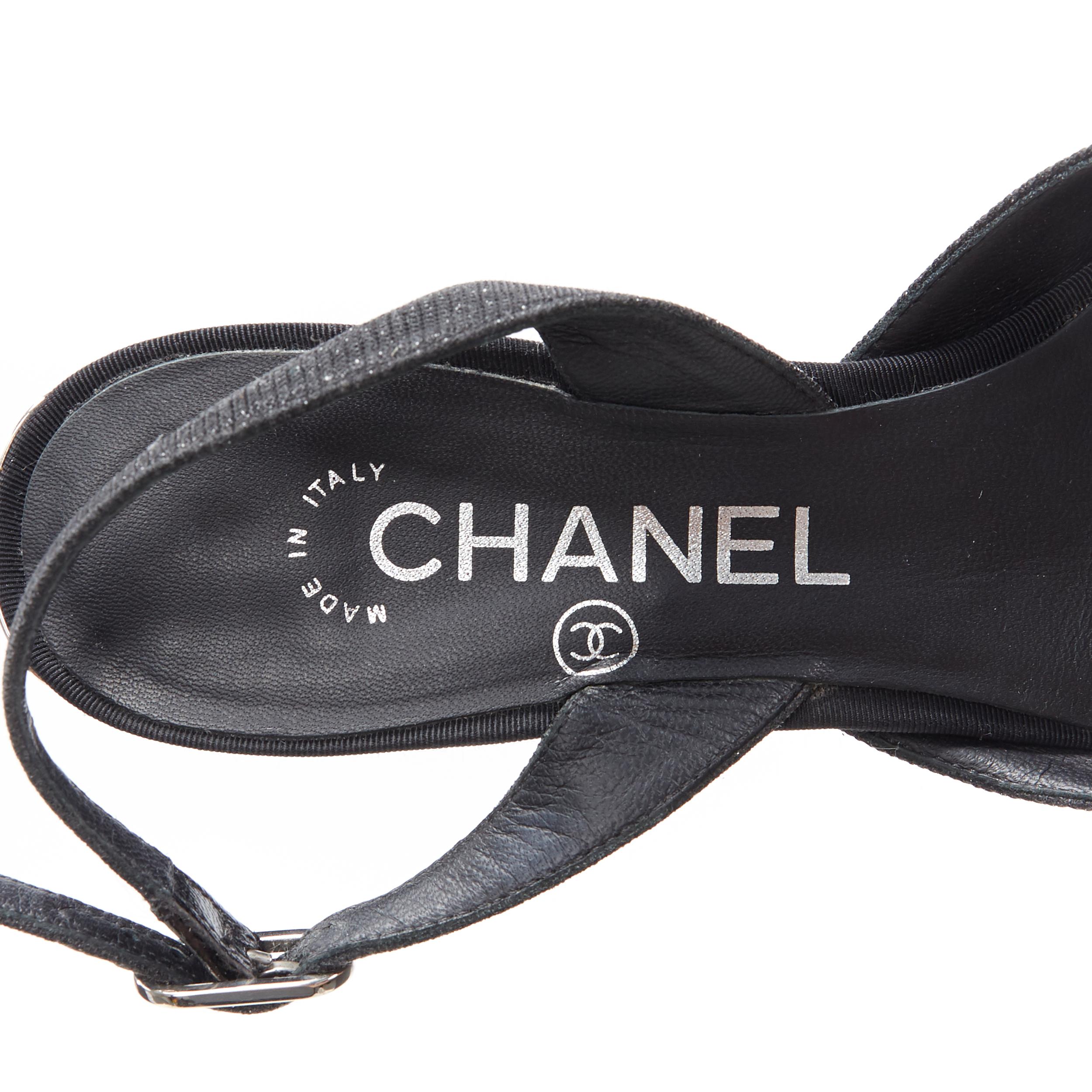 CHANEL 17B black glittery grosgrain toe cap logo chunky heel slingback pump EU36 2