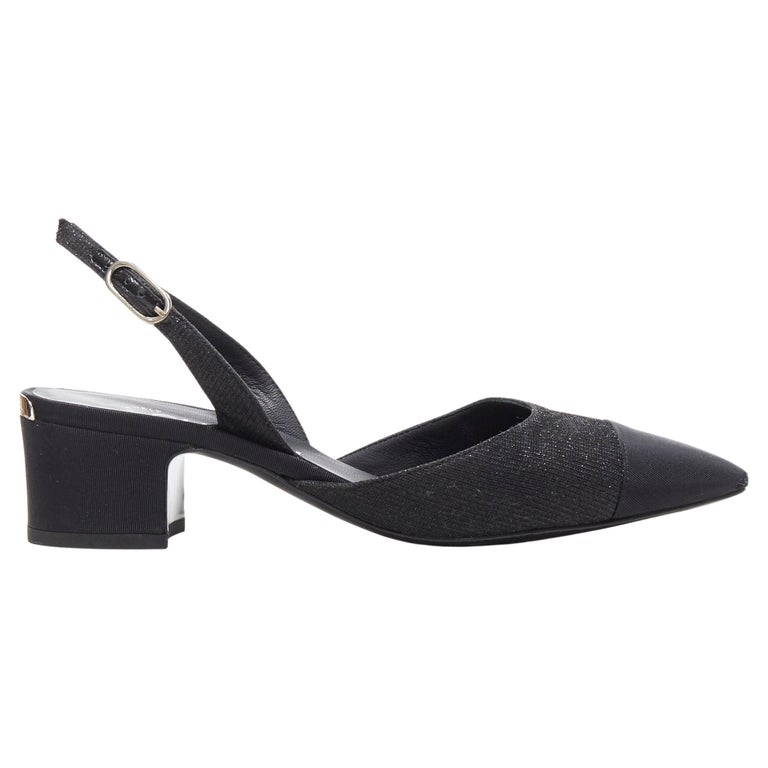 CHANEL 17B black glittery grosgrain toe cap logo chunky heel slingback pump  EU36 For Sale at 1stDibs