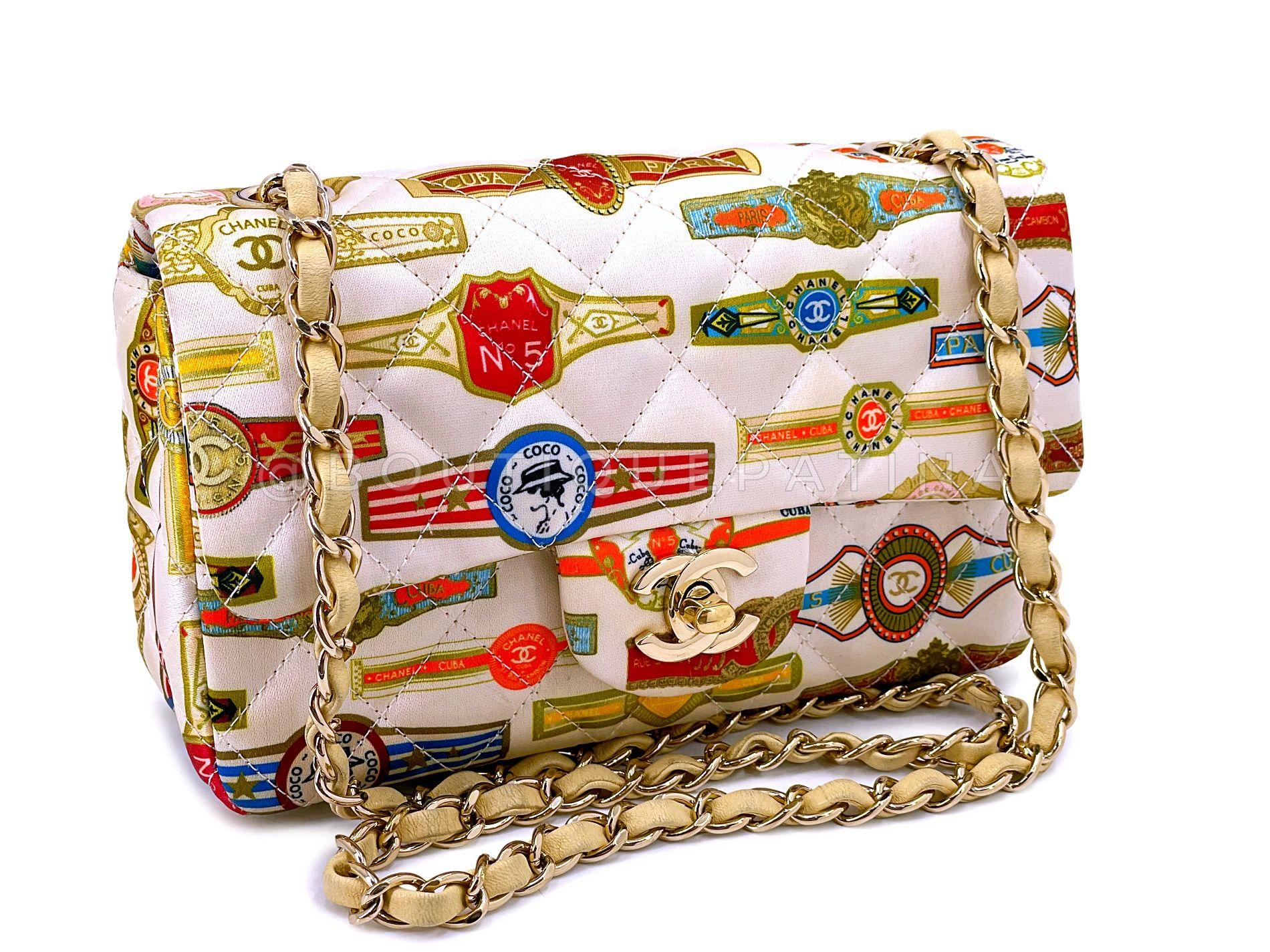 Store item: 68070
A limited release from Karl Lagerfeld's 2017 Cruise Coco Cuba runway collection is this rectangular mini flap bag. 

With whimsical Cuba-themed multicolor print, and a beige lambskin woven chain strap in light gold hardware. 

For