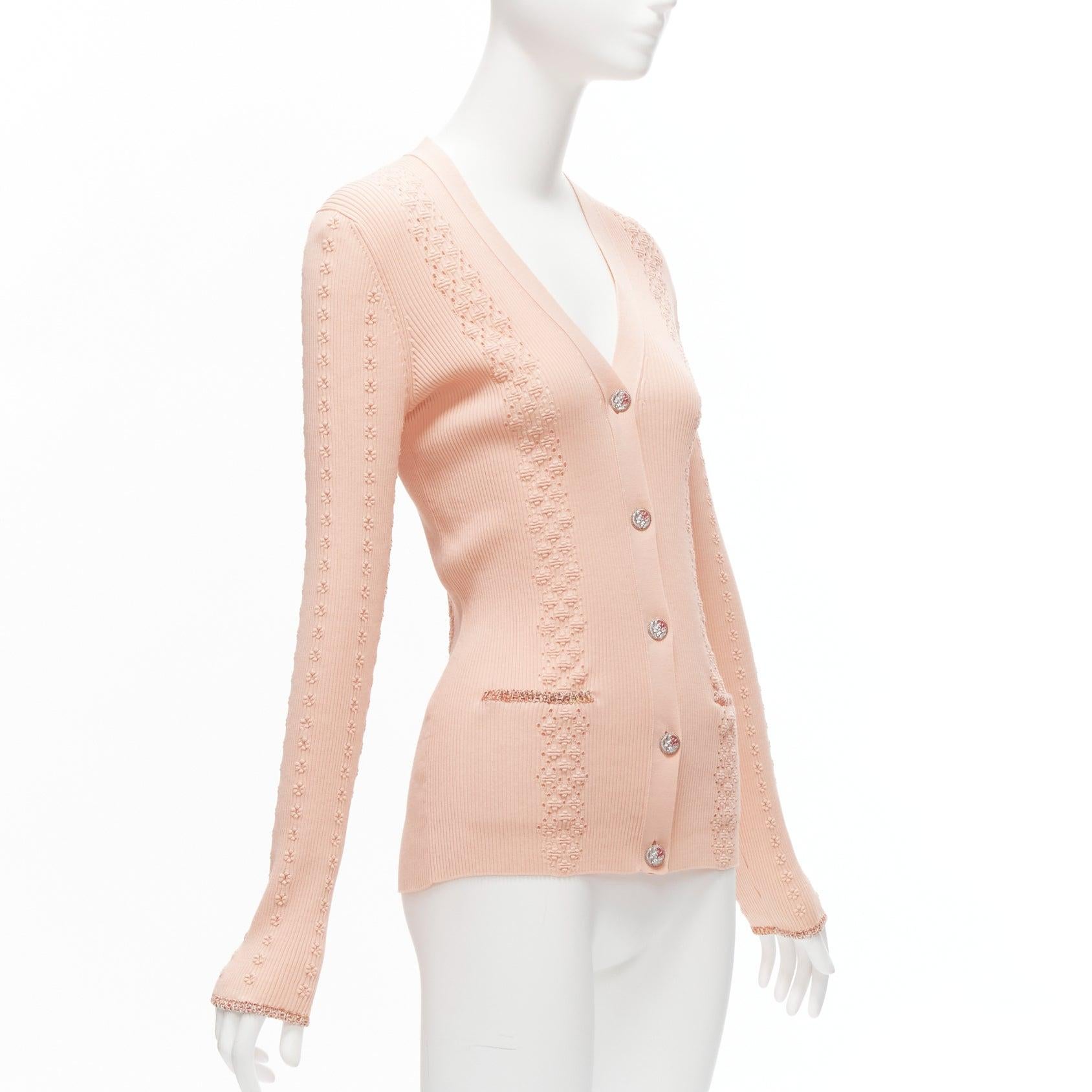 CHANEL 17C Coco Cuba pink cotton byzantine cross pointelle knit cardigan sweater In Excellent Condition For Sale In Hong Kong, NT