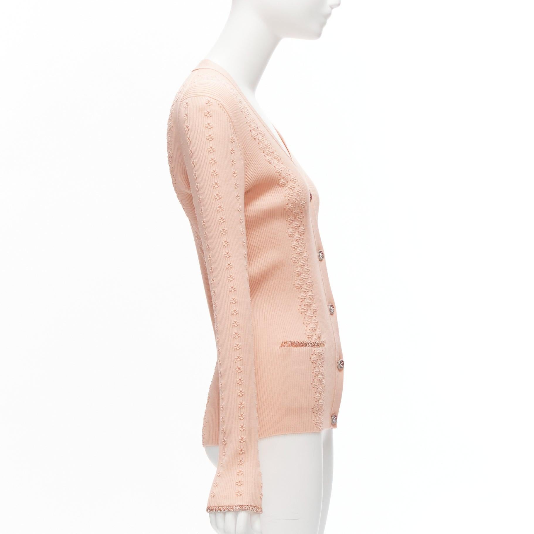Women's CHANEL 17C Coco Cuba pink cotton byzantine cross pointelle knit cardigan sweater For Sale