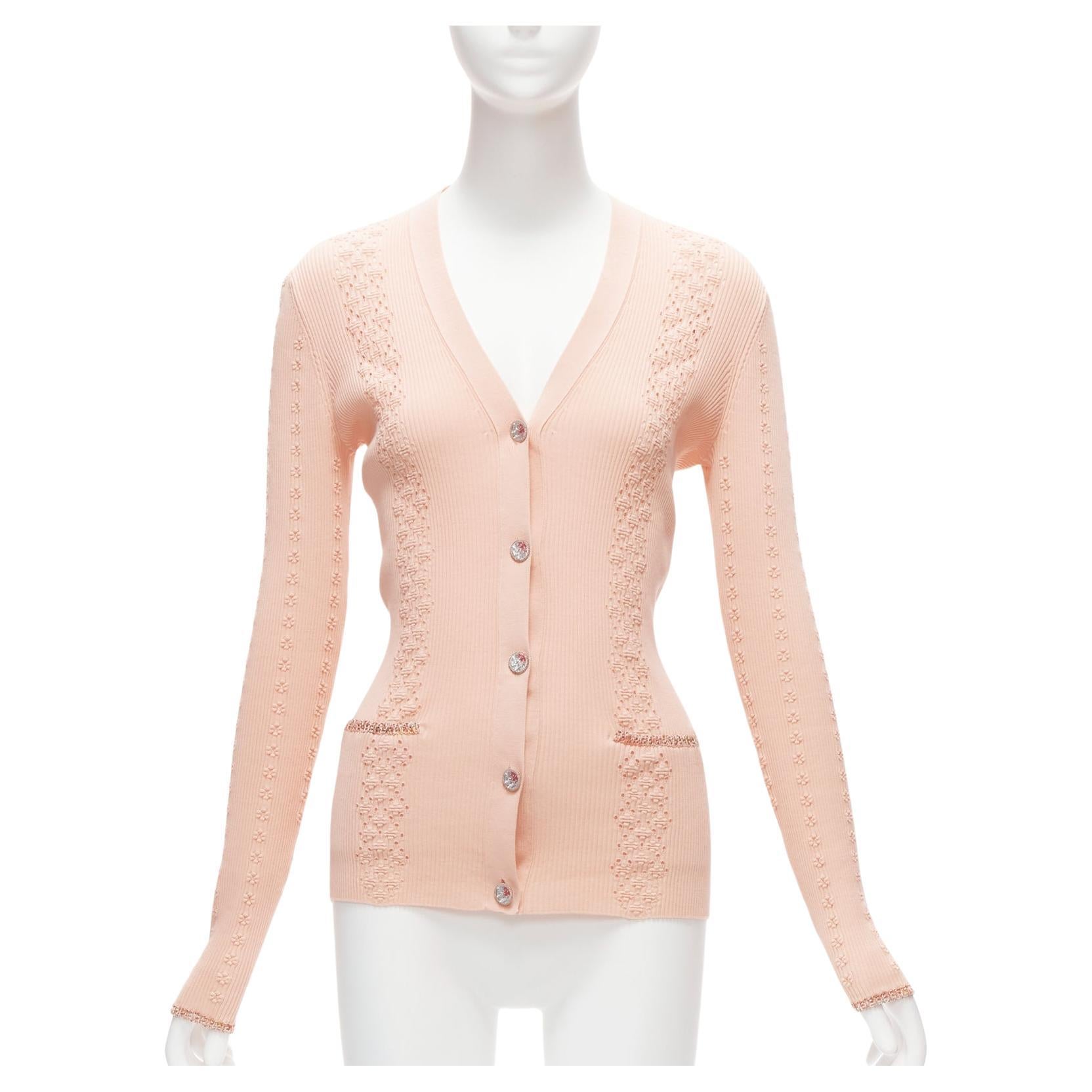 CHANEL 17C Coco Cuba pink cotton byzantine cross pointelle knit cardigan sweater For Sale
