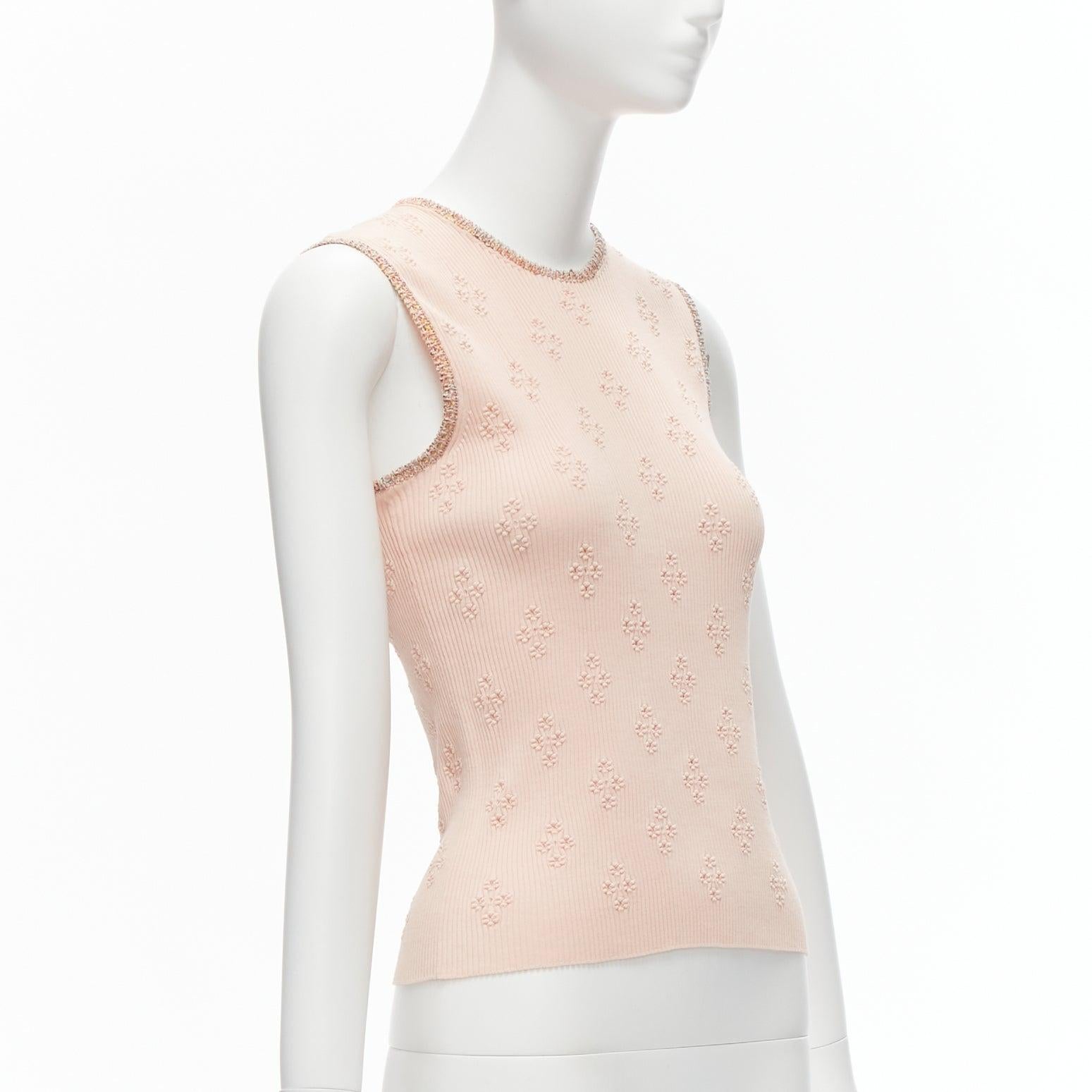 CHANEL 17C Coco Cuba pink cotton byzantine cross pointelle knit trim vest FR40 L In Excellent Condition For Sale In Hong Kong, NT