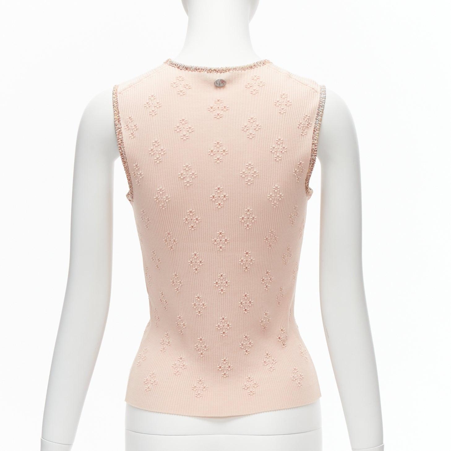CHANEL 17C Coco Cuba pink cotton byzantine cross pointelle knit trim vest FR40 L For Sale 1