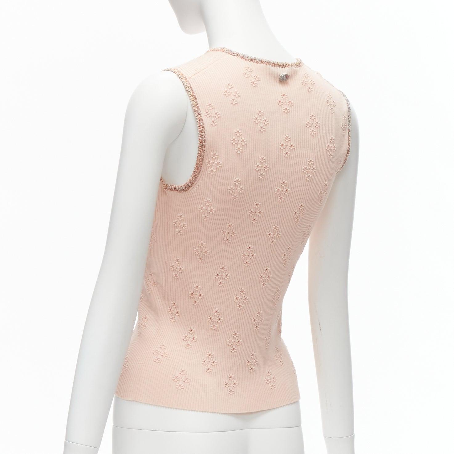 CHANEL 17C Coco Cuba pink cotton byzantine cross pointelle knit trim vest FR40 L For Sale 2