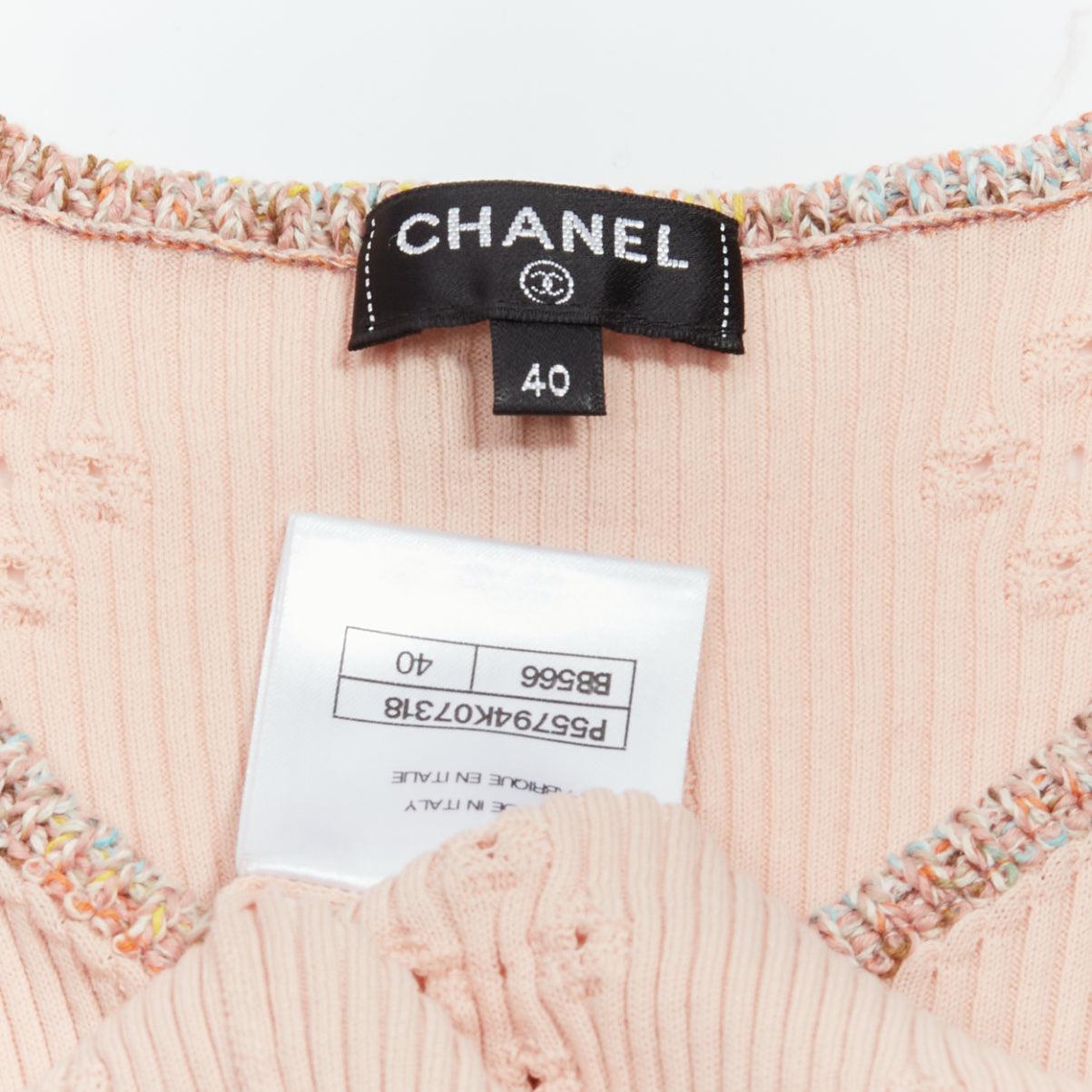 CHANEL 17C Coco Cuba pink cotton byzantine cross pointelle knit trim vest FR40 L For Sale 5