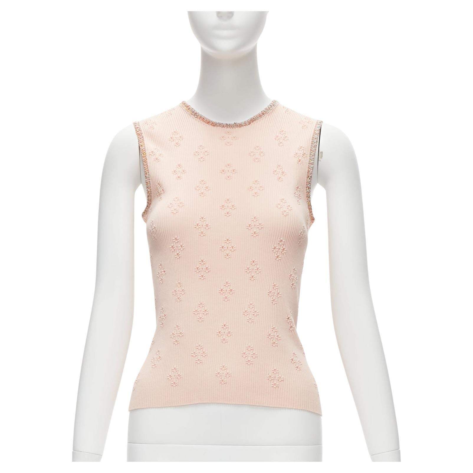 CHANEL 17C Coco Cuba pink cotton byzantine cross pointelle knit trim vest FR40 L For Sale