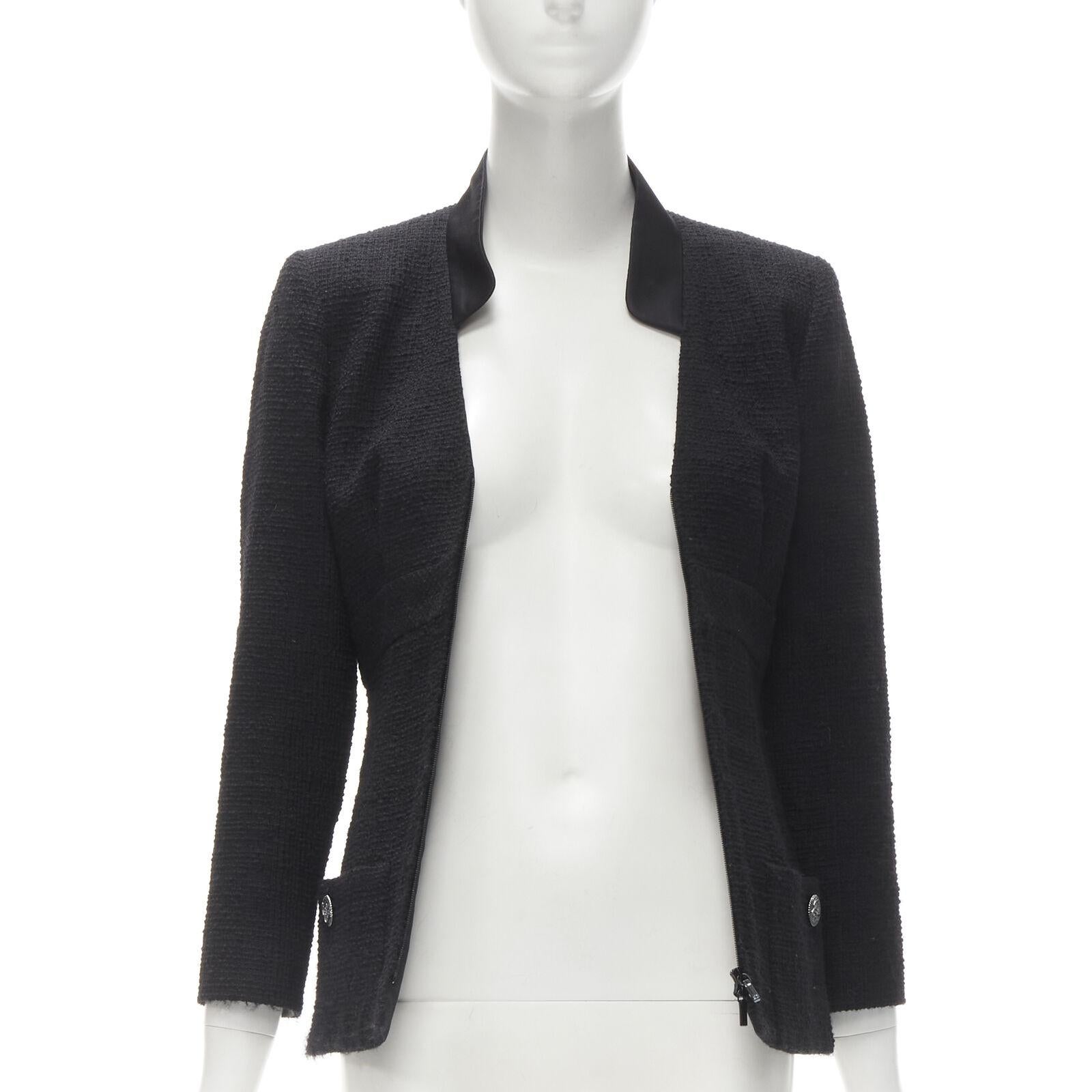CHANEL 17C Paris Cuba lattice tweed Coco satin collar little black jacket FR36 S In Excellent Condition For Sale In Hong Kong, NT