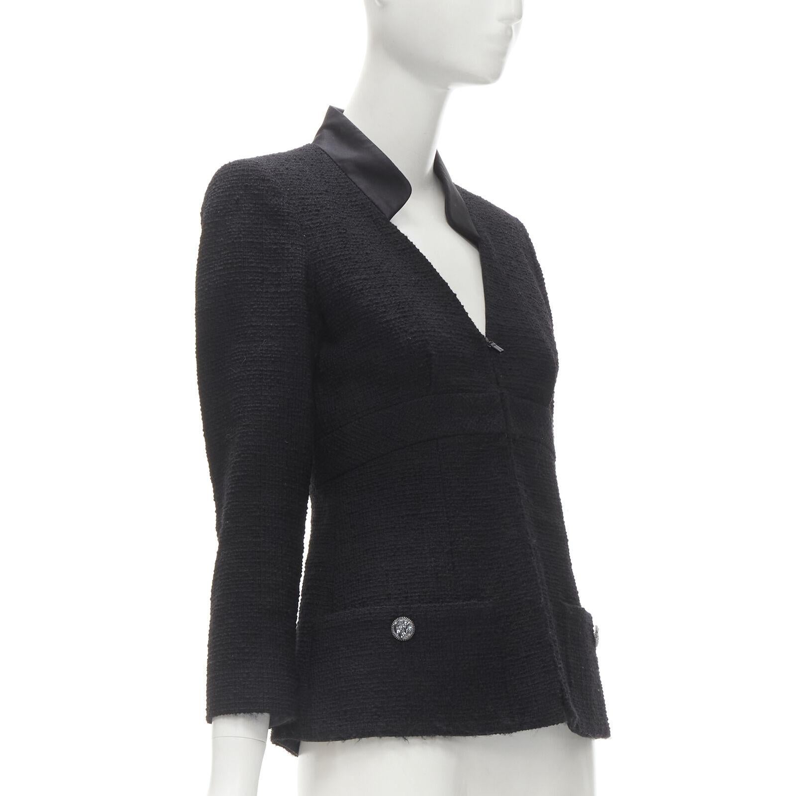 Women's CHANEL 17C Paris Cuba lattice tweed Coco satin collar little black jacket FR36 S For Sale