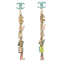CHANEL 17P Act II strass enamel logo letter spell out gold dangle earrings Pair