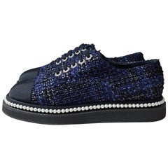 Chanel 17P Black Navy Tweed Pearl CC Logo Lace Up Flat Trainer