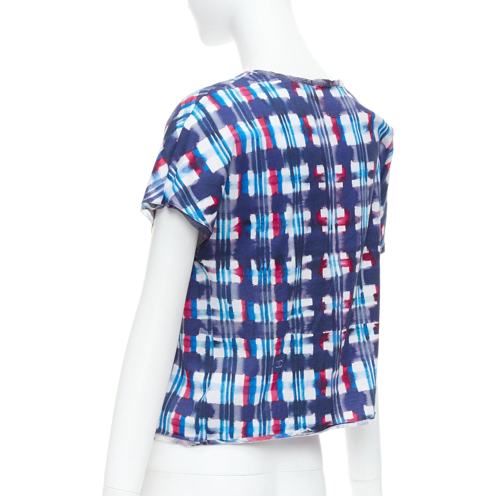 Chanel 17P Runway blue red check CC logo print crop top in seta FR36 S in vendita 1