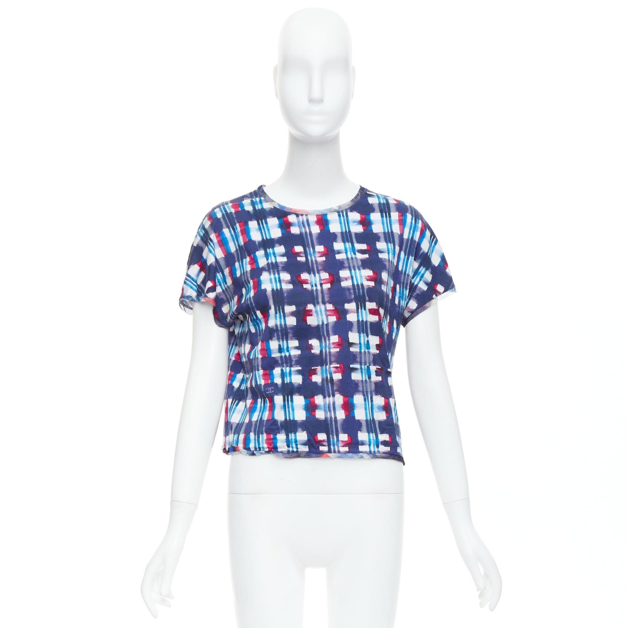 Chanel 17P Runway blue red check CC logo print crop top in seta FR36 S in vendita 4
