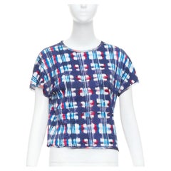 CHANEL 17P Runway blue red check CC logo print silk trim crop top FR36 S