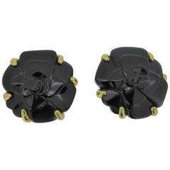 Chanel 18 Carat Yellow Gold and Onyx Camelia Flower Ear Clip Earrings