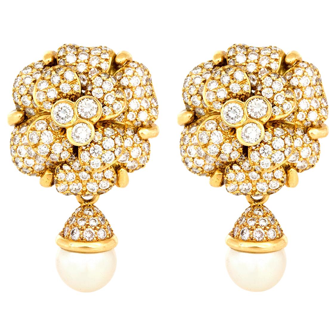 Chanel Diamond Camelia Flower Earrings with Drop Pearls