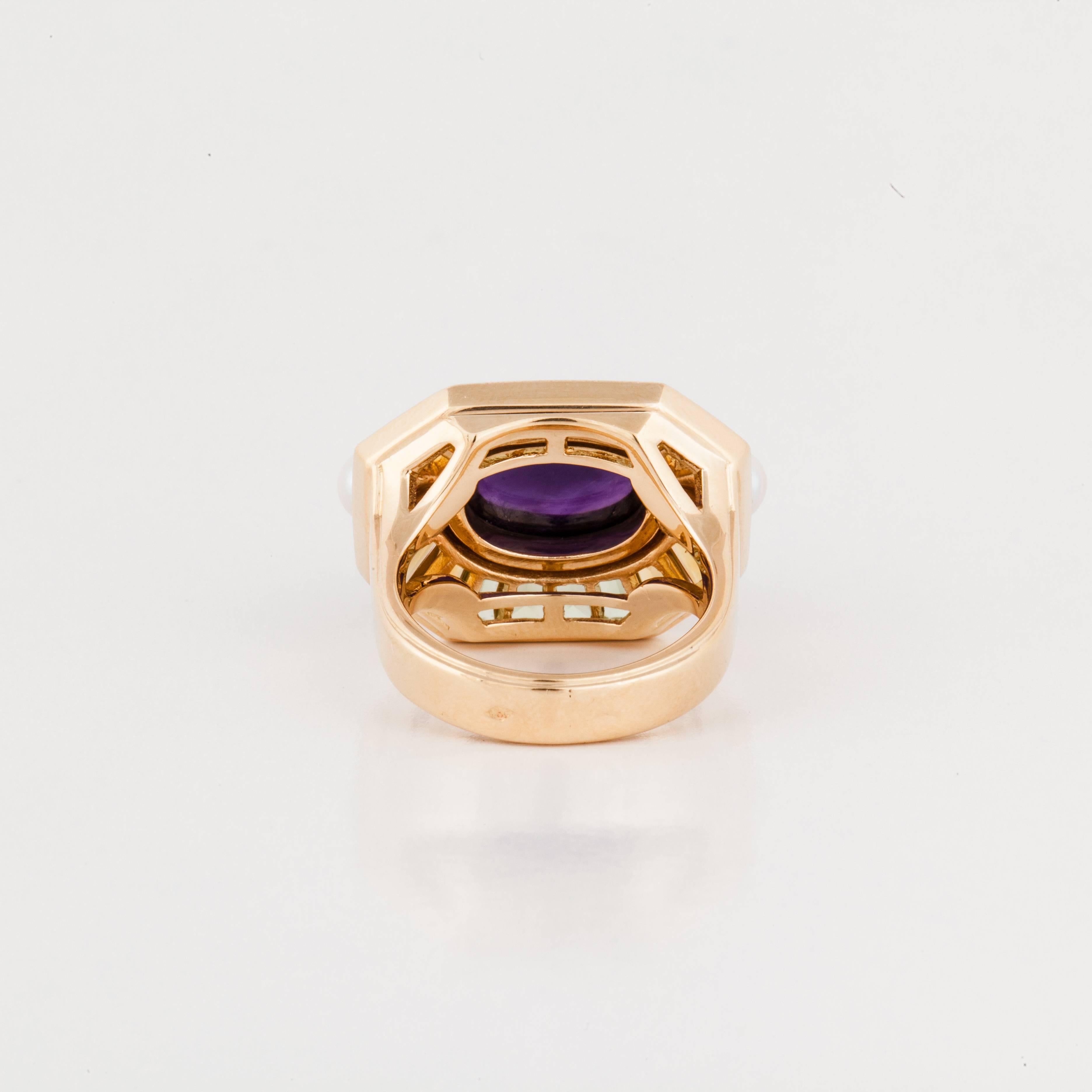 Mixed Cut Chanel Gemstone and Pearl Ring in 18K Yellow Gold For Sale