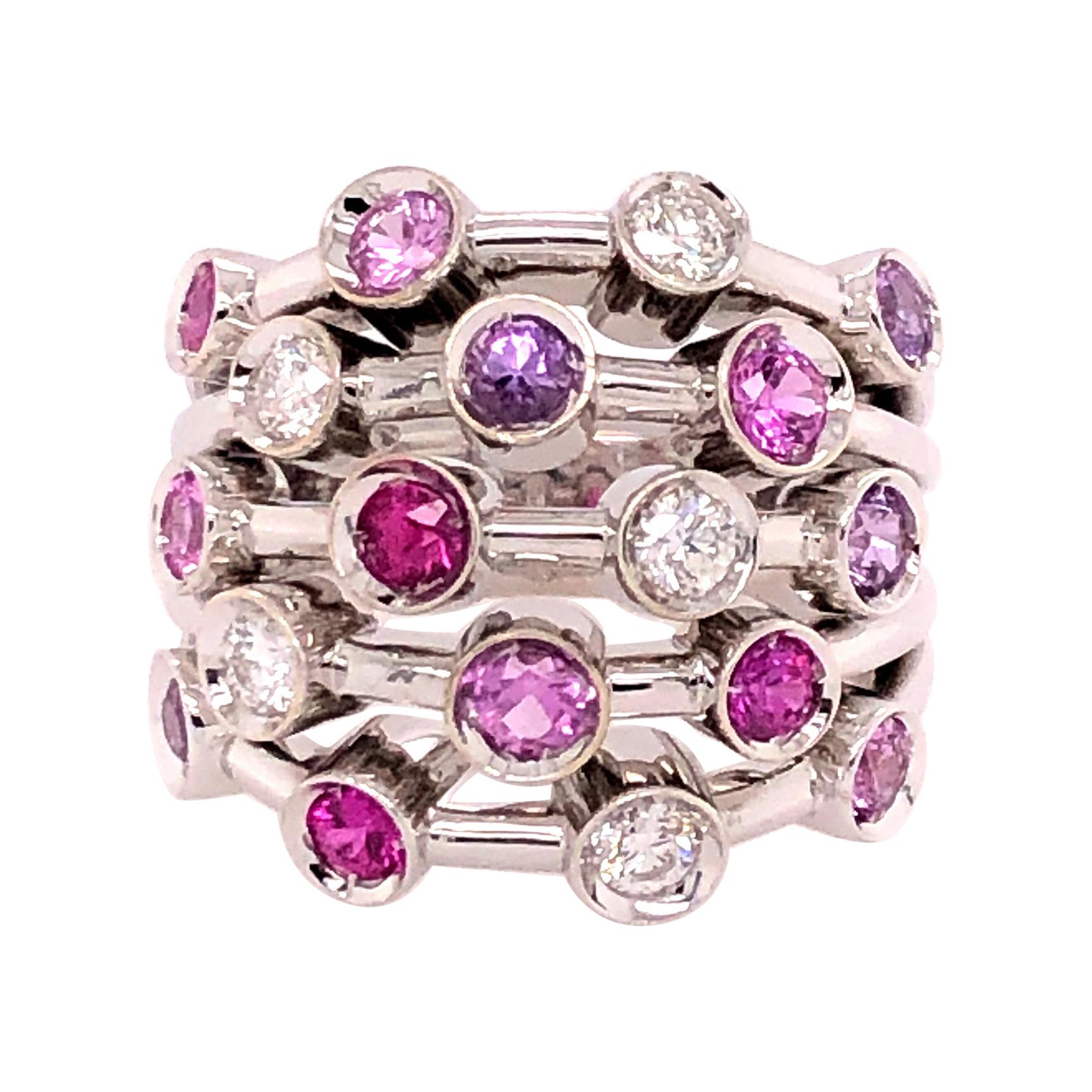 Chanel 18 Karat White Gold 5-Row Diamond, Pink Sapphire, Ruby Ring
