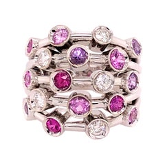 Antique Chanel 18 Karat White Gold 5-Row Diamond, Pink Sapphire, Ruby Ring