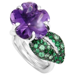 Chanel 18 Karat White Gold Amethyst and Tsavorite Large Flower Ring