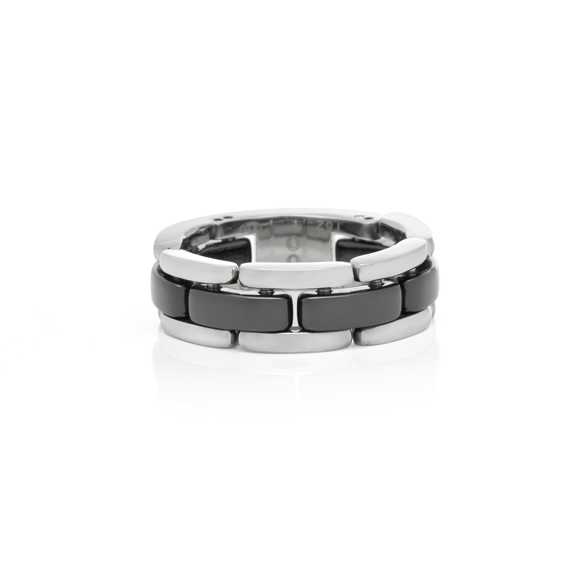 This Ring by Chanel is from their Ultra collection and features black Ceramic in a flexible 18k White Gold band. The Ring sizes are UK S 1/2, EU 61 and US 9 3/4. This Ring cannot be resized. Complete with Chanel Box. 
