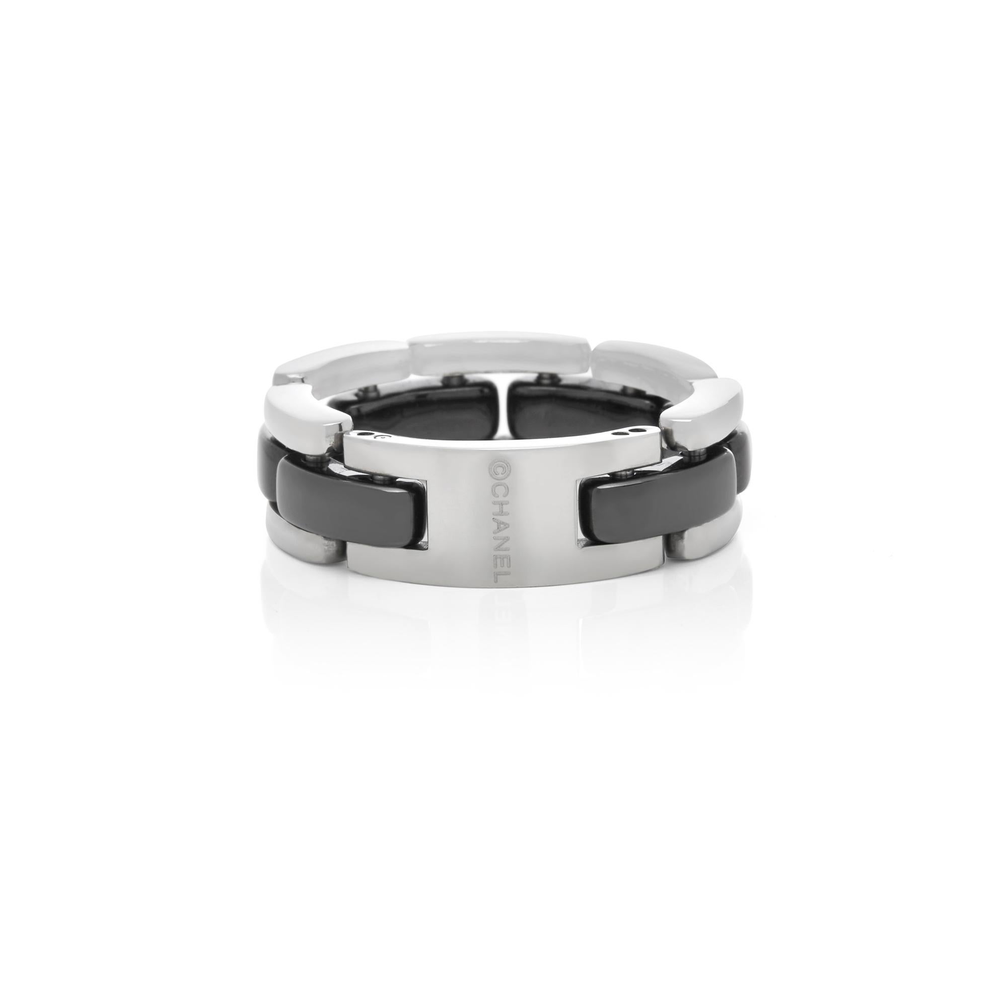 Modern Chanel 18 Karat White Gold Black Ceramic Flexible Link Ultra Band Ring