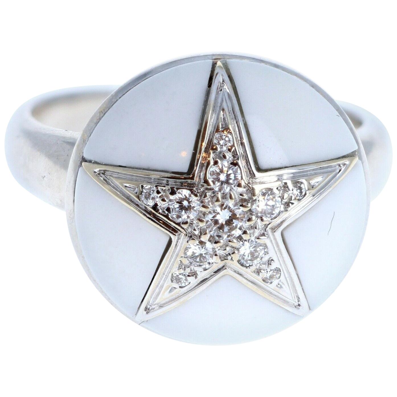 Chanel 18 Karat White Gold Diamond and White Ceramic Dome Shape Star Ring