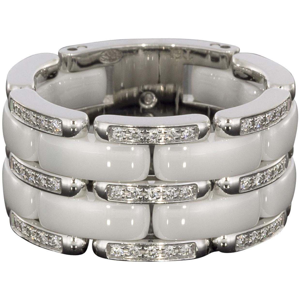 Chanel 18 Karat White Gold Diamond and White Ceramic Large Ultra Flexible Ring