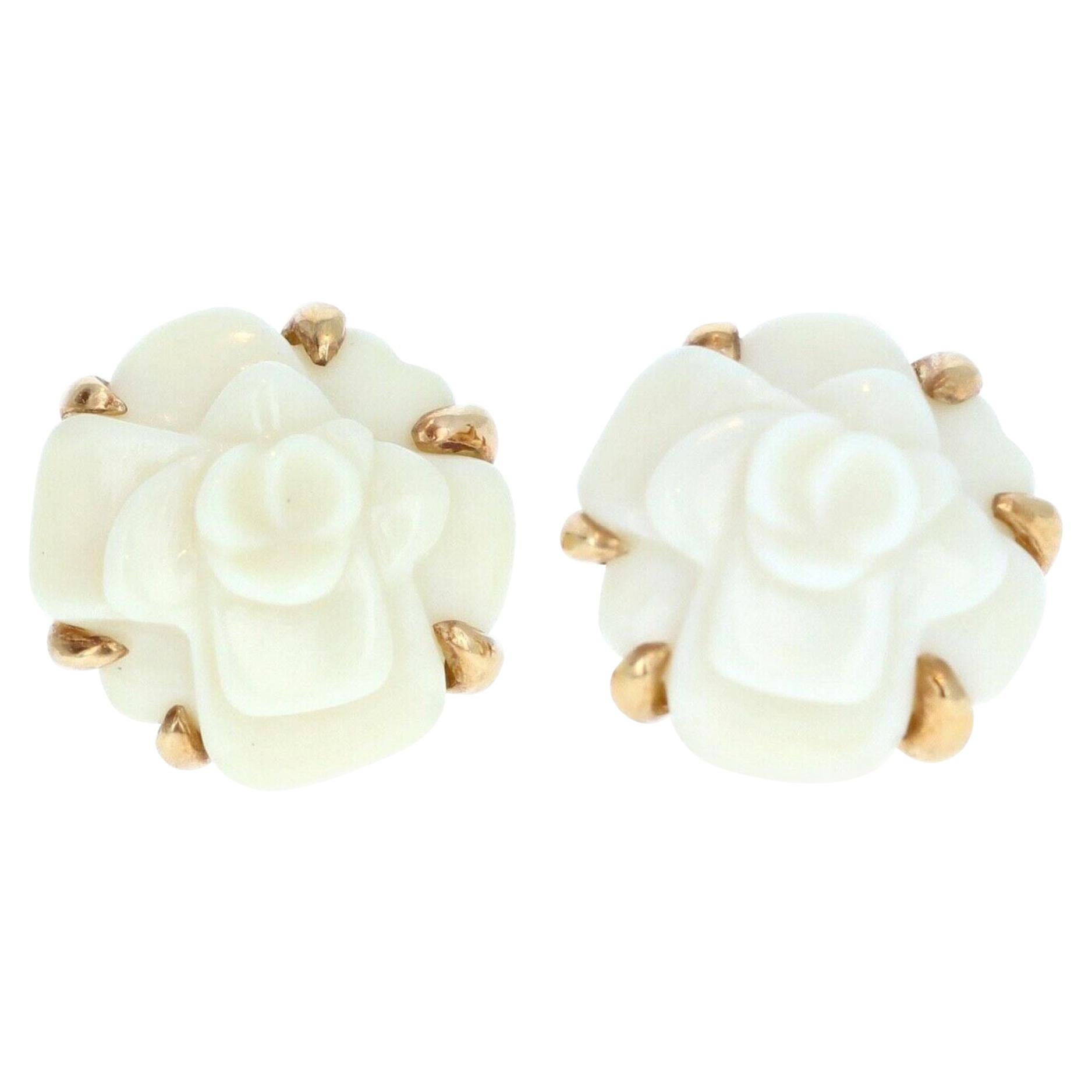 Chanel 18 Karat Yellow Gold and White Agate Camelia Flower Earrings at
