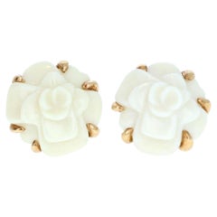 Chanel 18 Karat Yellow Gold and White Agate Camelia Flower Earrings