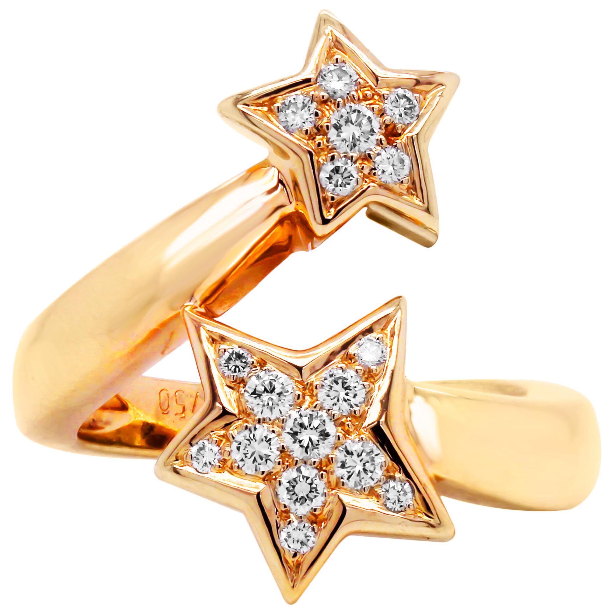 Chanel 18 Karat Yellow Gold Diamond Comete Two Stars Bypass Ring For ...