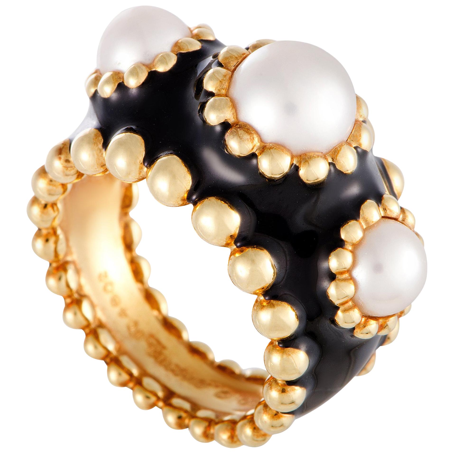Chanel 18 Karat Yellow Gold Pearl and Enamel Band Ring